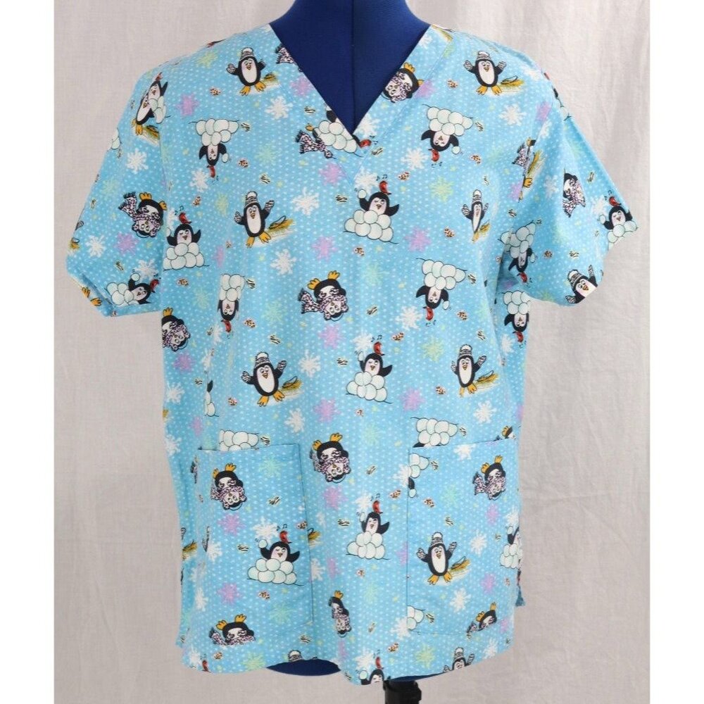 Allheart Women's M Blue Winter Penguin Snow Print Scrub Top VTG  Shirt Pockets
